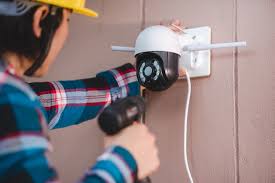 Technicien installant une caméra de sécurité